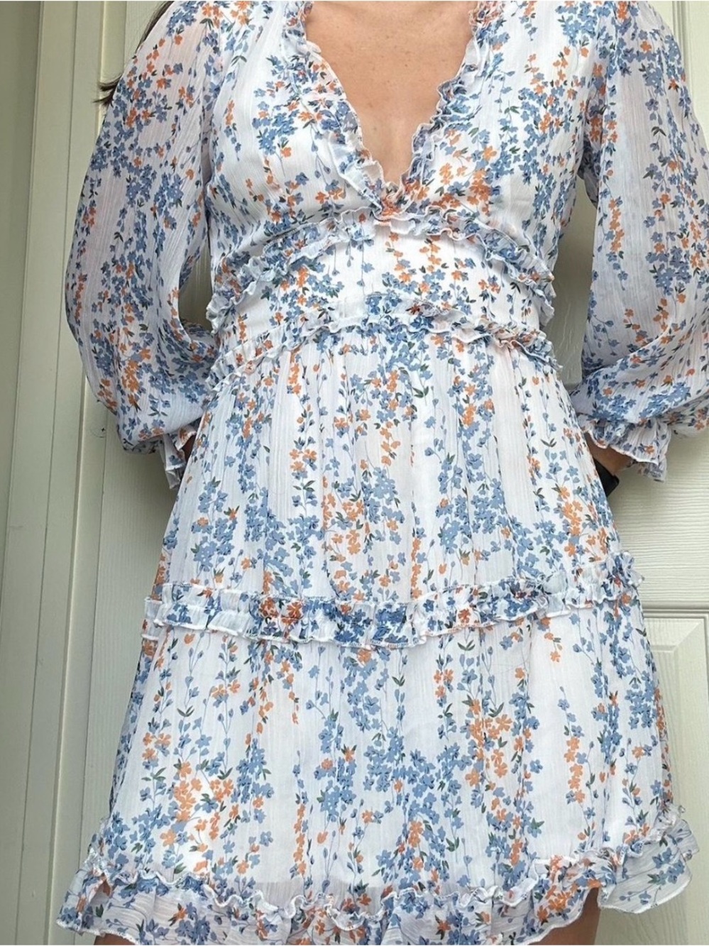 Floral Ruffle V-Neck Women's Dress - White with Blue & Orange Print